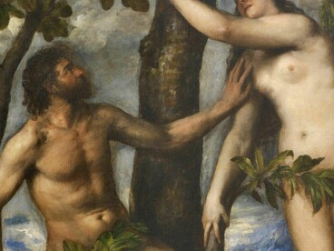 Adán y Eva (La caída del hombre). 	
Titian, c. 1550. La mítica caída representa el fin de la inocencia biológica: el cuerpo deja de responder a la simple necesidad de la especie para entrar en el terreno de la ley social, la represión del deseo y el ocultamiento de la genitalidad, dinámicas centrales en la estructuración de la psique humana