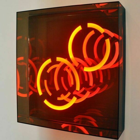 Brigitte Kowanz, How, 2013, LED, mirror, 35 x 35 x 7 inches, Edition of 3