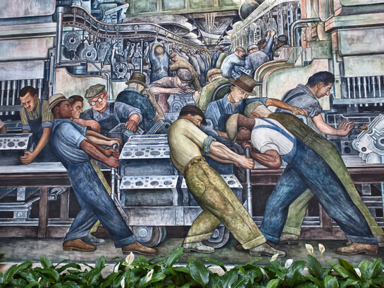 North wall (detail), Diego Rivera, Detroit Industry murals, 1932-33, twenty-seven fresco panels at the Detroit Institute of Arts, USA