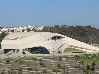 The Grand Theatre in Rabat rising above its landscaped surroundings, symbolising architectural innovation and national pride