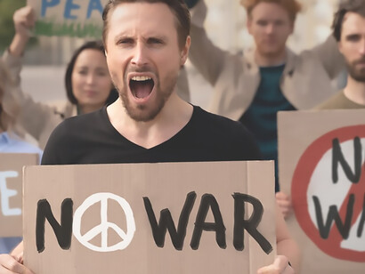 A vibrant assembly of young activists passionately engages in an anti-war protest, firmly expressing their stance by holding cards that boldly declare, "No war"