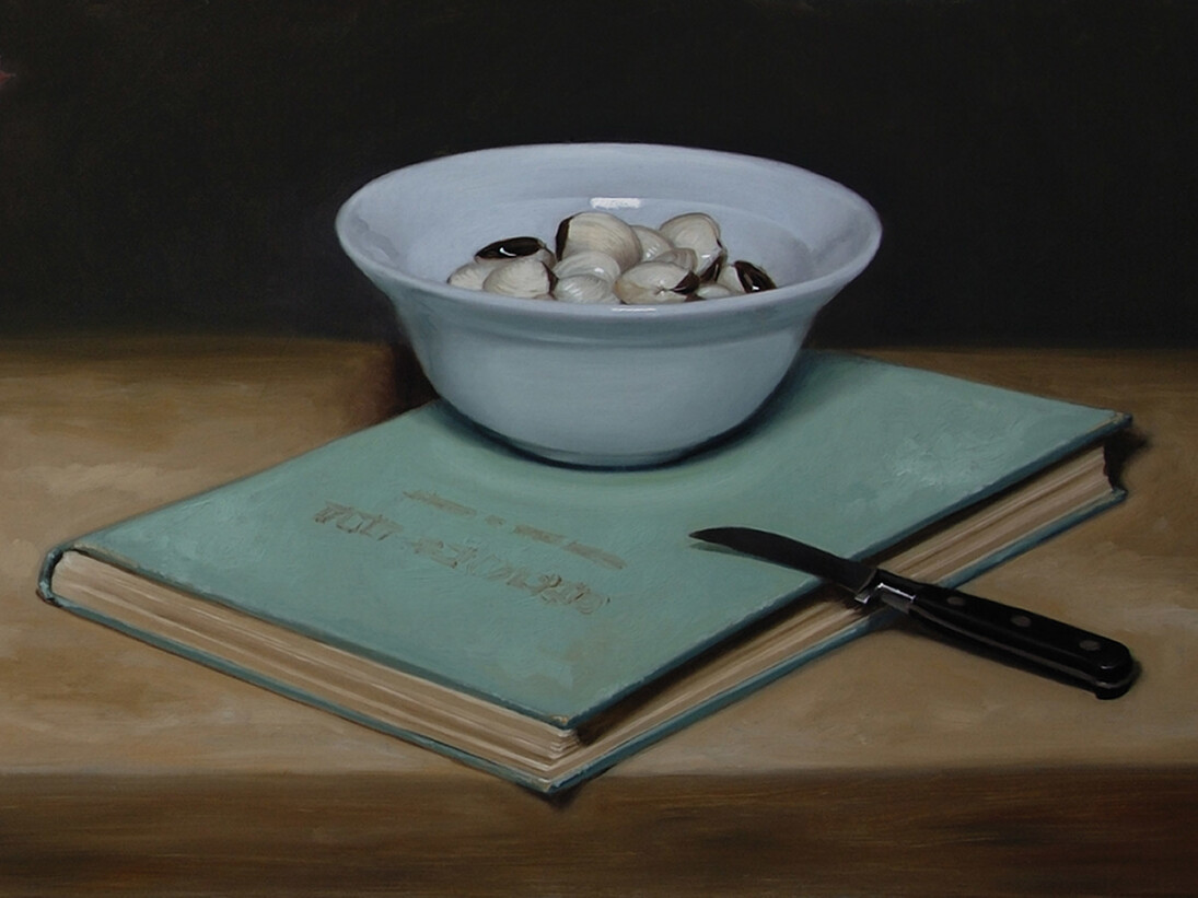 James Gillick, Art Deco Kettle, Bowl of Pacific Clams, knife, Garlic & Book (detail), Oil on Linen over Panel, 351mm x 850mm © James Gillick