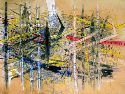 Wifredo Lam, Sans titre, 1958 [La Brousse], Technique mixte sur papier marouflé sur toile, 244 × 345 cm, Collection particulière, courtesy Galerie Gmurzynska, Photo : Courtesy Galerie Gmurzynska © Adagp, Paris 2015
