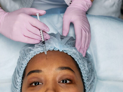 During the procedure, the medical practitioner carefully administers the botox injection to address the woman's specific cosmetic concerns