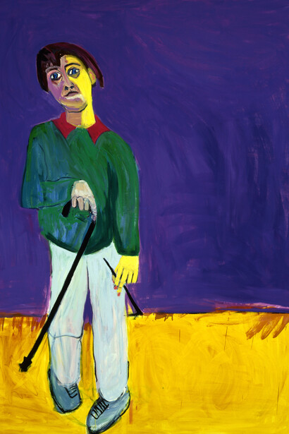 Lucy Jones, Lucy Jones with Her Walking Stick, 1996, Oil on canvas, 218.5 x 157 cm, 86 x 61 3/4 in, Image courtesy of Flowers Gallery, London and New York