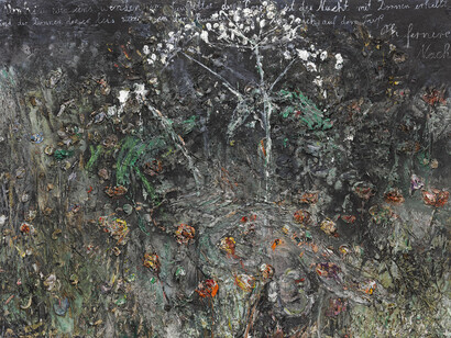 Anselm Kiefer, wohin wir uns wenden im Gewitter der Rosen, 2014, Acrylic, emulsion, oil, shellac, chalk and sediment of electrolysis on photograph mounted on canvas, 280 x 380 cm (110,24 x 149,61 in), Courtesy Galerie Thaddaeus Ropac, Paris/Salzburg © Anselm Kiefer, Photo: Ulrich Ghezzi