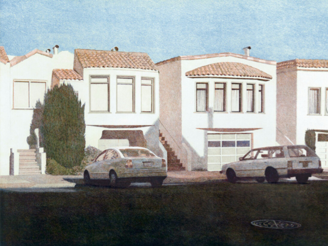 Robert Bechtle, Three Houses on Pennsylvania Avenue, 2011. Courtesy of Crown Point Press
