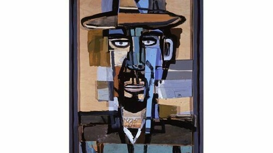 David Bates, Self Portrait with Hat, 1998-99, painted wood and metal, 48 x 31 ¼ inches. Collection of the artist. Photo: Tom Jenkins, courtesy of Talley Dunn Gallery © David Bates