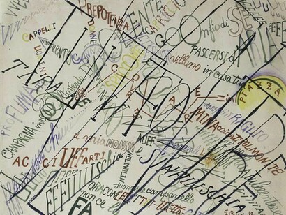 Francesco Cangiullo, Large Crowd in the Piazza del Popolo (Grande folla in Piazza del Popolo), 1914, Watercolor, gouache, and pencil on paper, 58 x 74 cm, Private collection © 2014 Artists Rights Society (ARS), New York / SIAE, Rome