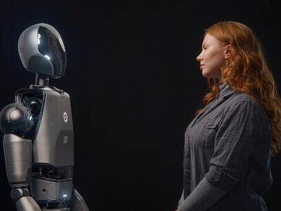 A young woman and a high-tech humanoid robot represent the growing presence of AI in everyday life