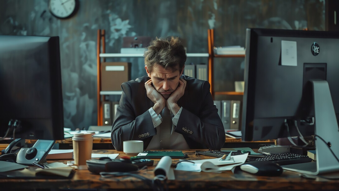 A person struggles with workplace anxiety amidst ongoing office conflict