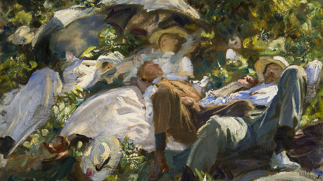 John Singer Sargent (American, Florence 1856–-1925 London)
Group with Parasols (Siesta), around 1904–5
Oil on canvas
22–3/8 × 28–9/16 in. (56.8 × 72.5 cm)
Private Collection