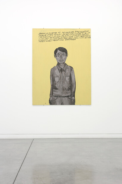 Chris Johanson, installation view: Untitled (I Work Very Hard at Remaining Present...), 1999, Acrylic on wood panel, 121.9 x 159.4 x 1.3 cm, 48 x 62 3/4 x 1/2 in