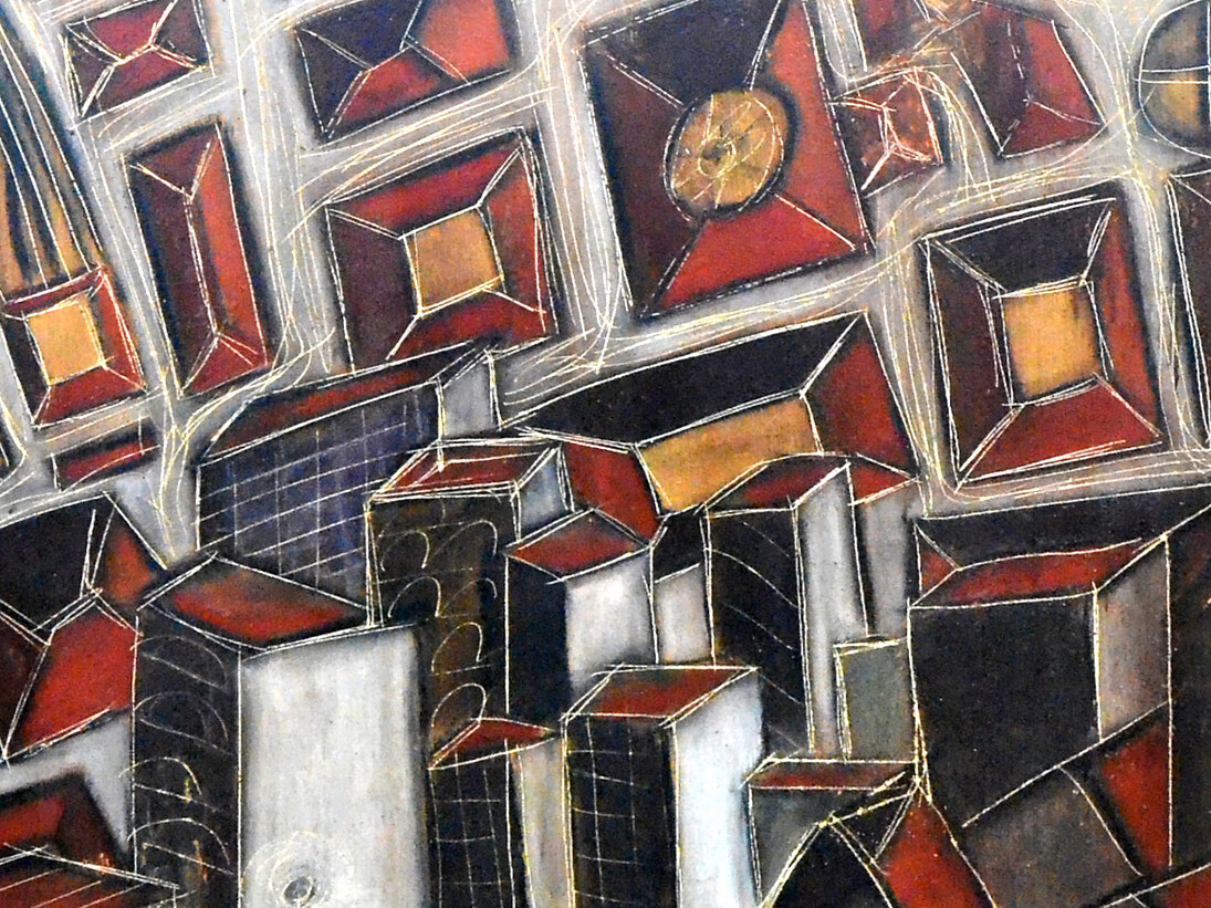 Contemplação solitária de um mundo de cabeça para baixo, 60X120cm. Pastel extrafino, grafite, esferográfica, cimento refratário, laca 
e solução vinílica sobre tela

