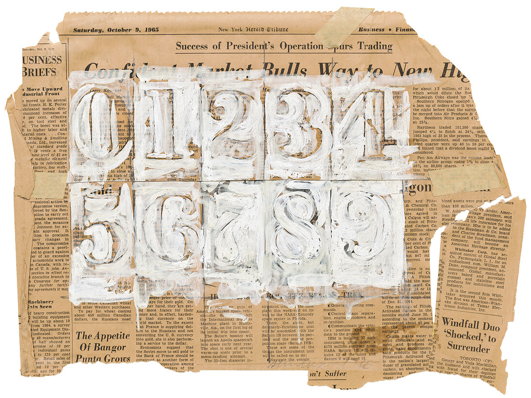 Sturtevant. Johns 0 through 9. 1965. Encaustic on newsprint. 10 13/16 × 14 3/8″ (27.5 × 36.5 cm). Collection de Bruin Heijn. Photo: Peter Cox. © Estate Sturtevant, Paris