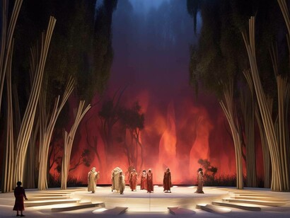 Spettacolo di danza in un futuristico teatro all'aperto, immagine realizzata con IA