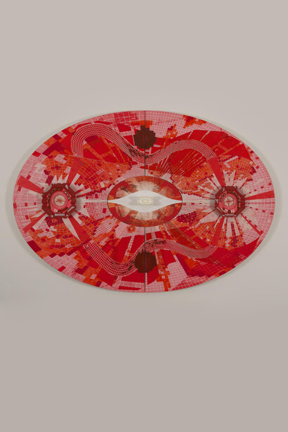 Pedro Barbeito. LHC Red, 2013. Acrylic, pigment print, and 3D print on canvas, 50 x 72 x 4.5 in.