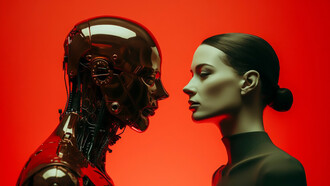 Robot and a woman are looking at each other