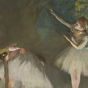 Edgar Degas, French (1834-1917). Rehearsal of the Ballet, ca.1876. Gouache and pastel over monotype on paper, 21 3/4 x 26 3/4 inches. Purchase: the Kenneth A. and Helen F. Spencer Foundation Acquisition Fund, F73-30.