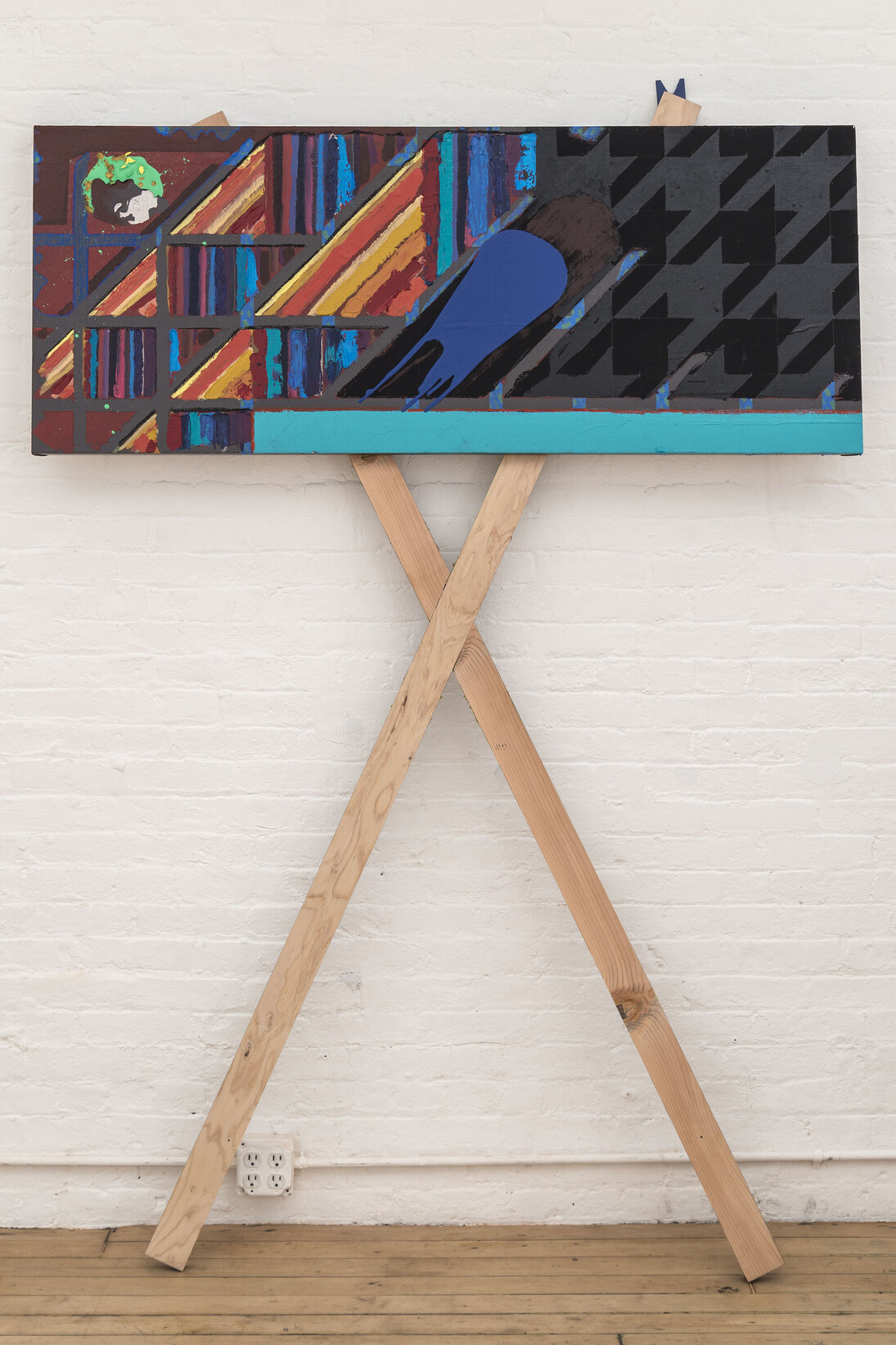 Kevin Mack, Professor X & The Daydream, 2013, Pine, latex, acrylic, polyurethane, oil pastel, painter's tape, stain, 86” x 60” x 6.25” (overall)
