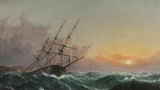 Fitz Henry Lane (1804-1865), A Storm breaking away, vessel slipping her cable, 1858, Oil on canvas, 24 x 36 ¼ inches