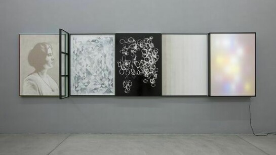 Matthias Bitzer, Leimakides (my mind is moving but my body lies still), 2013. Acrylic and ink on canvas, glass, wood, acrylic glass, neon tubes, paper. Courtesy Francesca Minini.