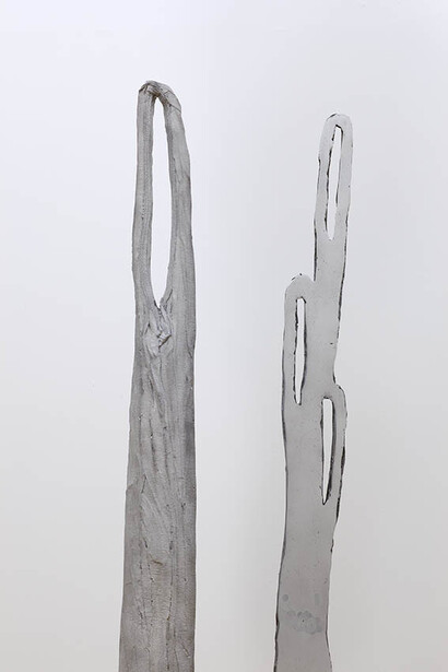 Alice Channer, Deepwater Horizon , 2014, Mirror polished and laser cut stainless steel, Super-Matt laquered and laser cut stainless steel, Cast and mirror
polished aluminium, Accordion pleated snake skin heat-embossed stretch polyester, Stretch alligator print, maxi-skirt, Pelletised HDPE, Stretch snake print vest top, 150 x 437.5 x 114 cm (59 x 172 3/16 x 44 7/8 inches), FXP Photography, London, Courtesy of The Approach, London