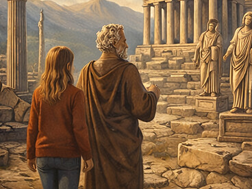 Among classical Greek ruins, a young reader reflects on timeless ideas that shaped philosophy, ethics, and the way we understand the world