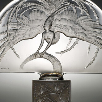 René Lalique, designer, Lalique et Cie, manufacturer: Oiseau de feu (Firebird). Illuminated Surtout de table (Table decoration): Bronze base, colorless glass; mold-pressed, acid-etched intaglio design. Designed 1922. All images courtesy the Corning Museum of Glass. Click any image to enlarge