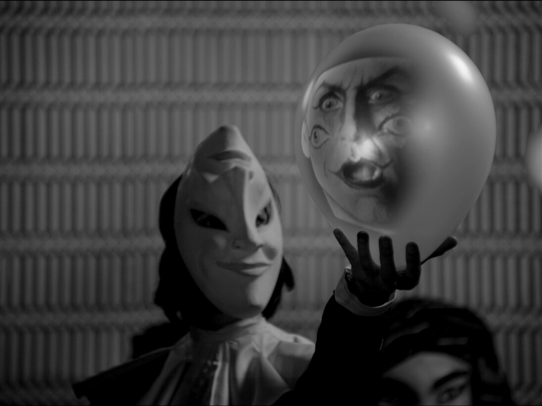Marcel Dzama, Still for“Une danse des bouffons (or A jester’s dance)”, 2013, Video projection, 1:18 min, black and white, sound. Courtesy David Zwirner, New York/London