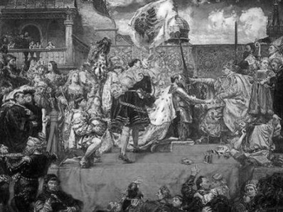 Alberto di Brandeburgo, divenuto Duca di Prussia, rende omaggio al Re di Polonia
