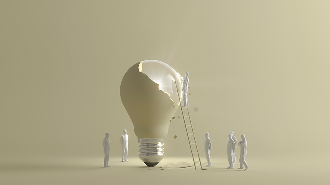 Multi-stakeholder initiatives amidst the backdrop of globalization and transnational challenges, depicted through human figurines using a ladder to reach a cracked, lit lightbulb