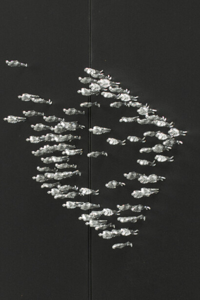 Peter Burke, Off Square (Detail), 2015, Two panels, pewter figures & oiled valchromat, Unique, signed, 100 x 100 (39.4 x 39.4 in.)
