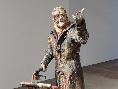 Nettie, 2015. Wood, wire, newspaper, glue, tape, matte medium, UV matte varnish, 58 x 31 x 30 inches