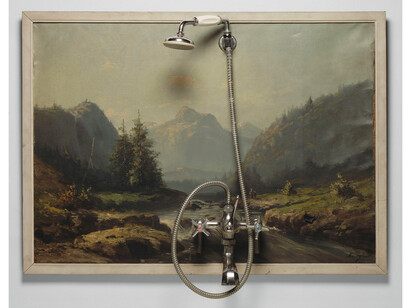 Daniel Spoerri, born 1930, Shower, 1961, Oil paint on canvas, shower head, hose and fitting, 702 x 965 x 185 mm © ADAGP. Photo © Centre Pompidou, MNAM-CCI, Dist. RMN-Grand Palais / Philippe Migeat
