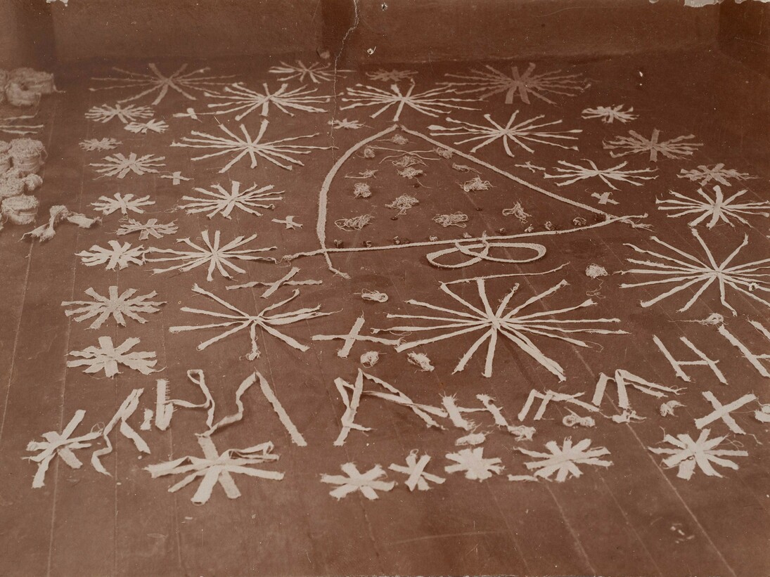 Installation by Marie Lieb (dates unknown) with torn strips of linen designed on the floor of the psychiatric hospital where she lived, Germany, c. 1894, 4 5/16 x 6 5/16", Collection Prinzhorn, University Hospital Heidelberg, Germany, Inv. #1771_1 © Collection Prinzhorn