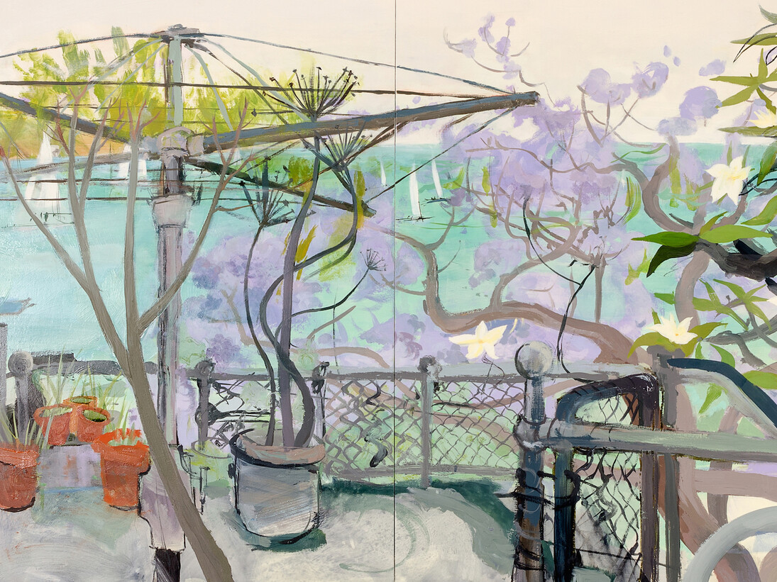 Kate Downie, Estuary Life (Parramatta Jakaranda Frangipani), oil on wood, 92 x 192 cm