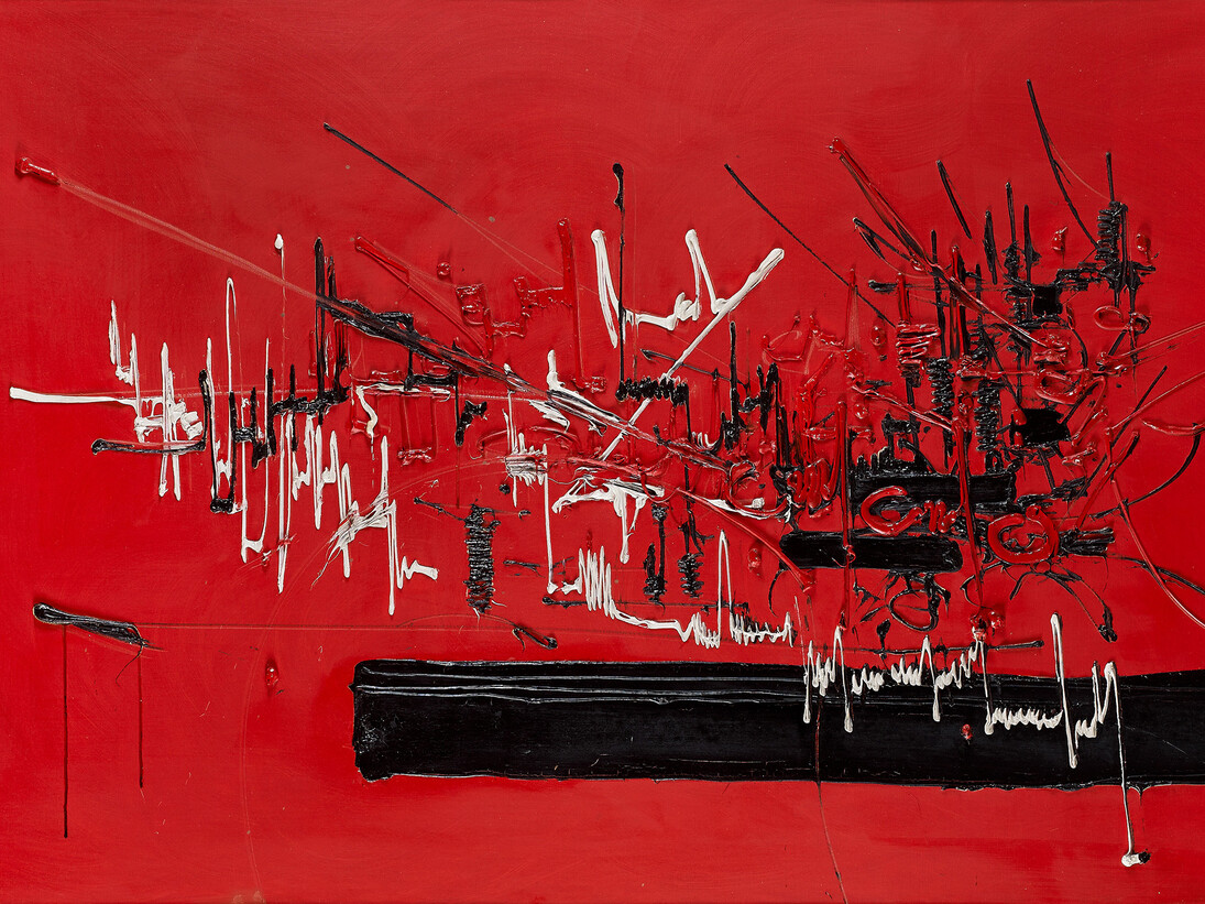 Georges Mathieu Gorgias, 1958, Huile sur toile, 98 x 162 cm, Courtesy Opera Gallery