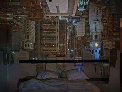 Abelardo Morell, Camera Obscura: Night View of Philadelphia from Loews Hotel Room #3013, April 14th, 2014 ©Abelardo Morell/Courtesy of Edwynn Houk Gallery, New York
