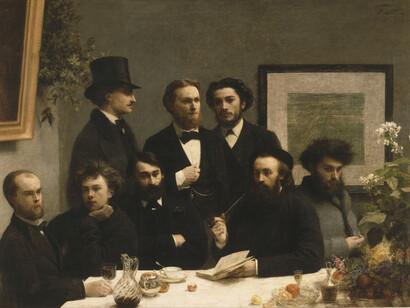 «Un rincón de la mesa» (1872), Henri Fantin-Latour. De pie: Elzéar Bonnier, Emile Blémont, Jean Aicard. Sentados: Paul Verlaine, Arthur Rimbaud, Léon Valade, Ernest d'Hervilly y Camille Pelletan