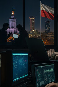 Polish soldiers and intelligence agents operate amid a backdrop of Warsaw’s skyline, symbolizing Poland’s ongoing struggle against espionage, cyberwarfare, and disinformation in its hybrid conflict with Russia
