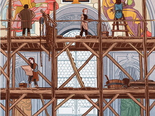 The fresco technique: arricio, drawing and painting, illustration by Sabrina Gabrielli