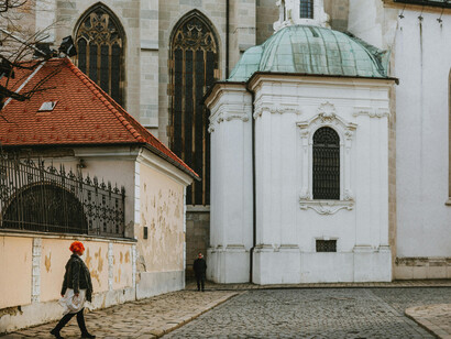 Cobblestone pavement beside St. Martin’s Cathedral in Bratislava, Slovakia