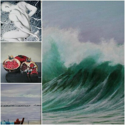 Sinistra, in alto, 'Il vuoto', Lorenzo Menichini. Sinistra, al centro, 'Melograno', Andrea de Angelis. Sinistra, in basso, 'Riviera del Conero', Andrea de Angelis. Destra, grande, 'Green Wave', Andrea de Angelis
