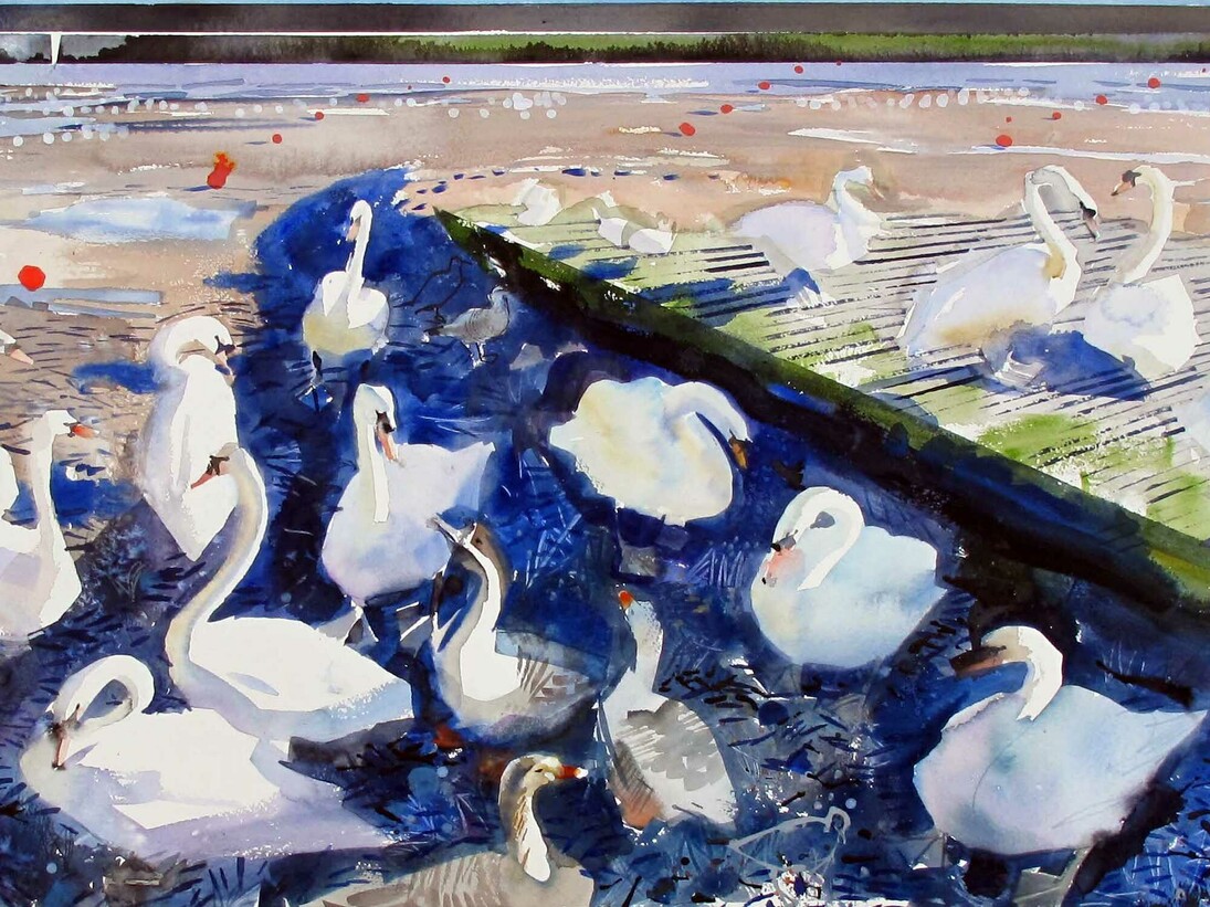 John Short, Swans in Bray Harbour, County Wicklow, watercolour and ink, 154 x 51cm. Courtesy of Solomon Fine Art