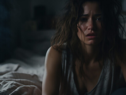 An intimate close-up captures the profound anguish of a person grappling with emotion