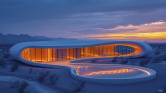 A futuristic building that seamlessly blends into a desert terrain, symbolizing a vision of coexistence between design and the environment