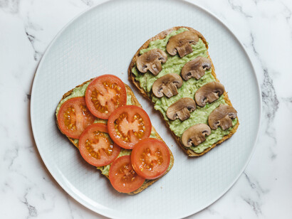 Two slices of bread, per day and, without being a stickler, stay mindful of other high-carb food portions. With tomatoes, mushrooms and avocado