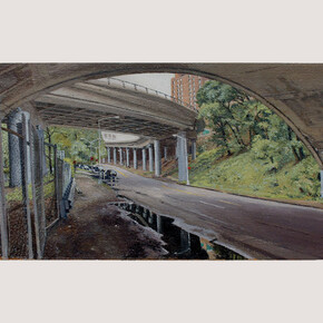 Rackstraw Downes, Below the Hospital Complex at 168th Street, 2012, Oil on canvas, 11 x 23 inches
