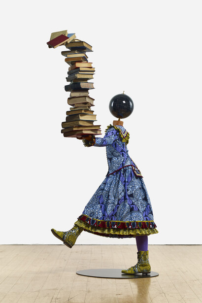 Yinka Shonibare MBE b. 1962, Girl Balancing Knowledge (2015)
Fibreglass mannequin, Dutch wax printed cotton textile, books, globe and steel baseplate
179 x 139 x 89 cm (70 1/2 x 54 3/4 x 35 in.)
Photographer: Stephen White
Image courtesy the artist, Stephen Friedman Gallery,
London and Pearl Lam Galleries, Hong Kong, Shanghai
and Singapore